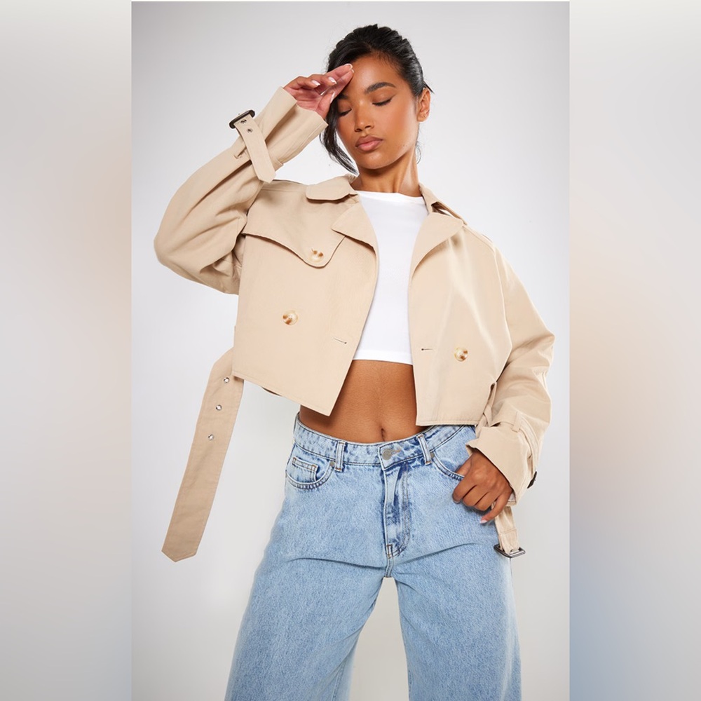BEIGE CROPPED BELTED HEM TRENCH COAT